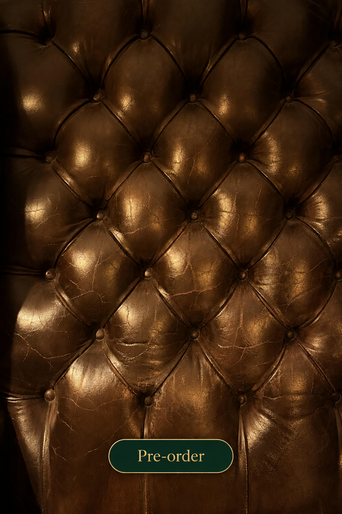 Tufted Chesterfield leather background with pre-order button — Spine & Cask tea pairing